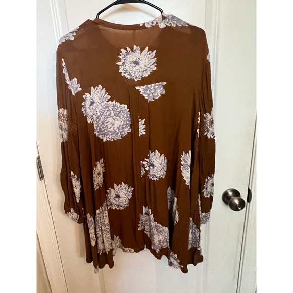 Free People Brown Floral Ballon Sleeve S Blouse Boho Oversized Top office siren - Picture 7 of 8